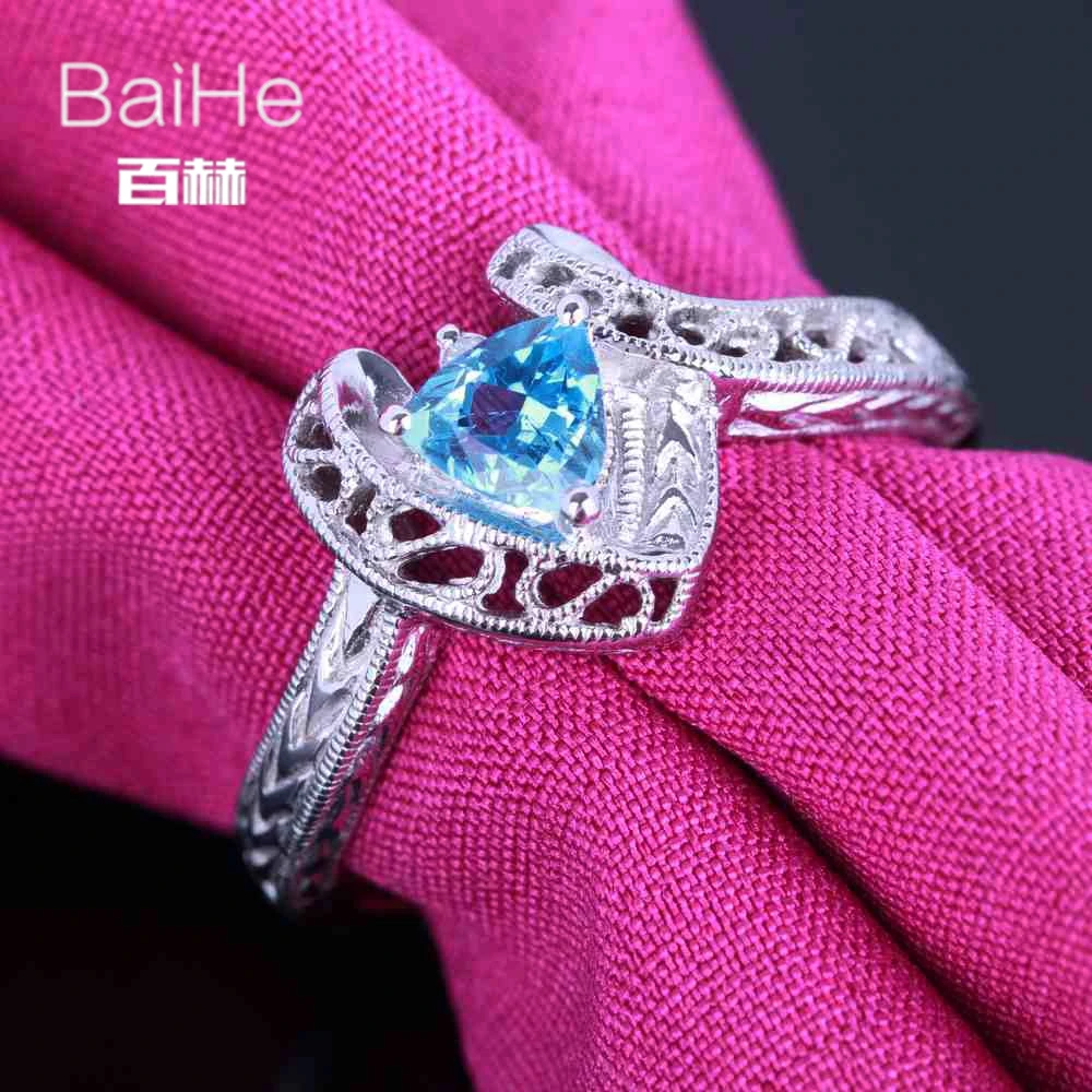 BAIHE Solid 14K белое золото 1CT голубой топаз/безупречный триллион свадебные женские
