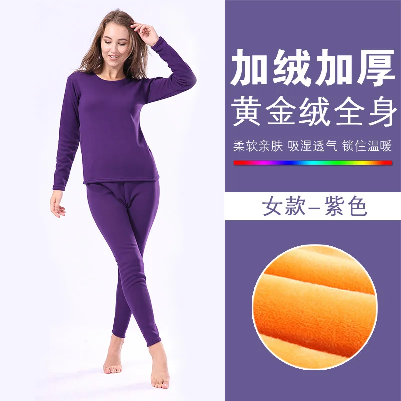 women purple Зимнее бархатное утолщенное термобелье для мужчин, теплая Женская одежда, пижама для пары, термос, нижнее белье, мужские кальсоны, комплекты для женщин - Цвет: women purple