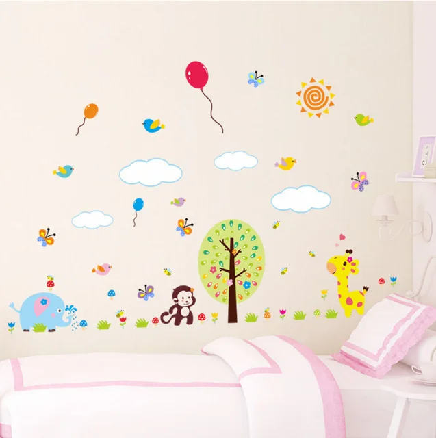% Милые животные зоопарк Обезьяна бабочка дерево цветы стикер на стену детская