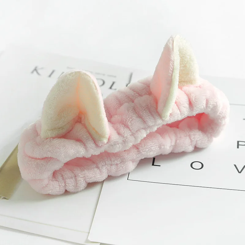 A Fold with pink Милая мягкая флисовая женская повязка на голову с заячьими ушками для макияжа, повязка для волос для мытья лица, спа-маска для душа - Цвет: A Fold with pink