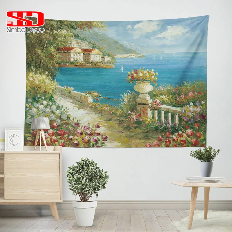 Картина маслом цветной гобелен для морского домика дорожек цветов деревьев неба