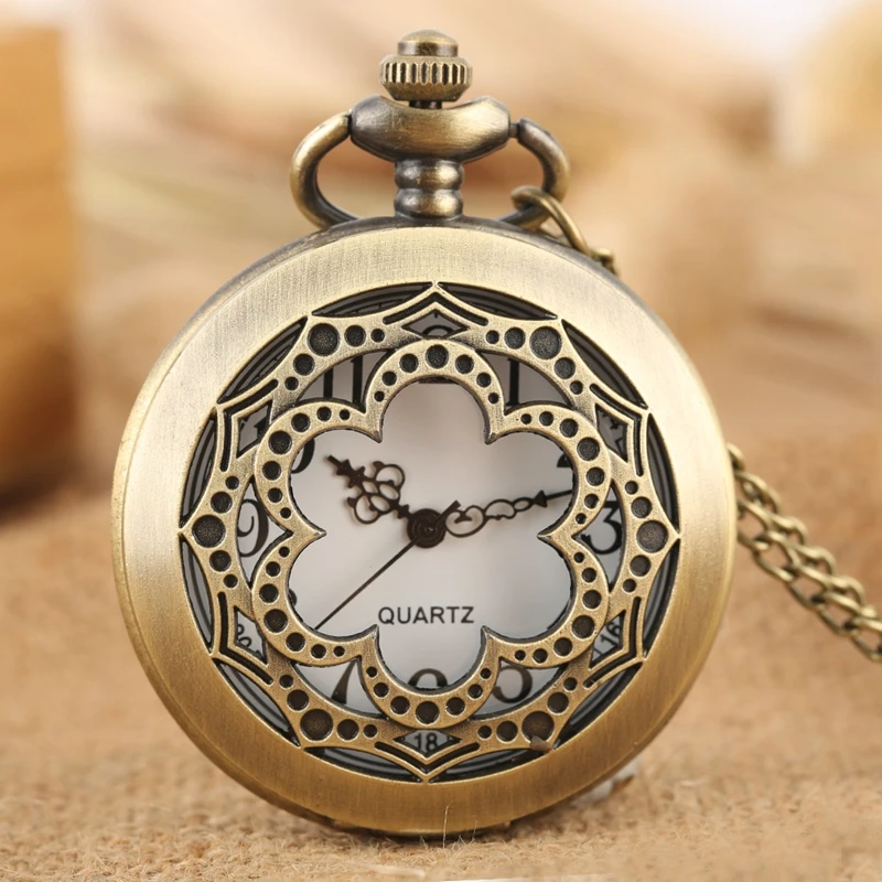 

Retro Hollow Flower Shaped Quartz Pocket Watch Antique Bells Round Dial Necklace Pendant Chain FOB Watch Relojes de bolsillo