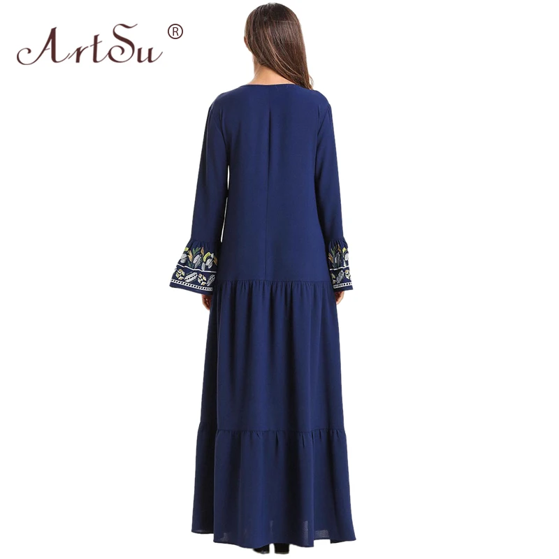 

ArtSu Autumn Women Vintage Floral Embroidery Dress Loose Tie V-Neck Tassel Ethnic Maxi Dress Plus Size Cotton Casual Robe Femme