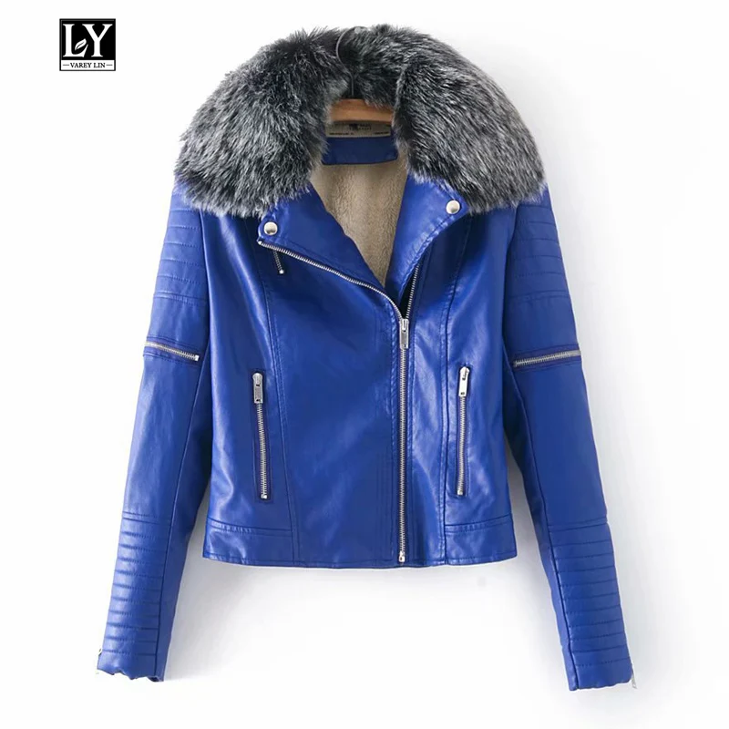 Ly Varey Lin женские зимние теплые куртки из искусственной кожи с меховым воротником женские черные красные синие мотоциклетные и байкерские пальто
