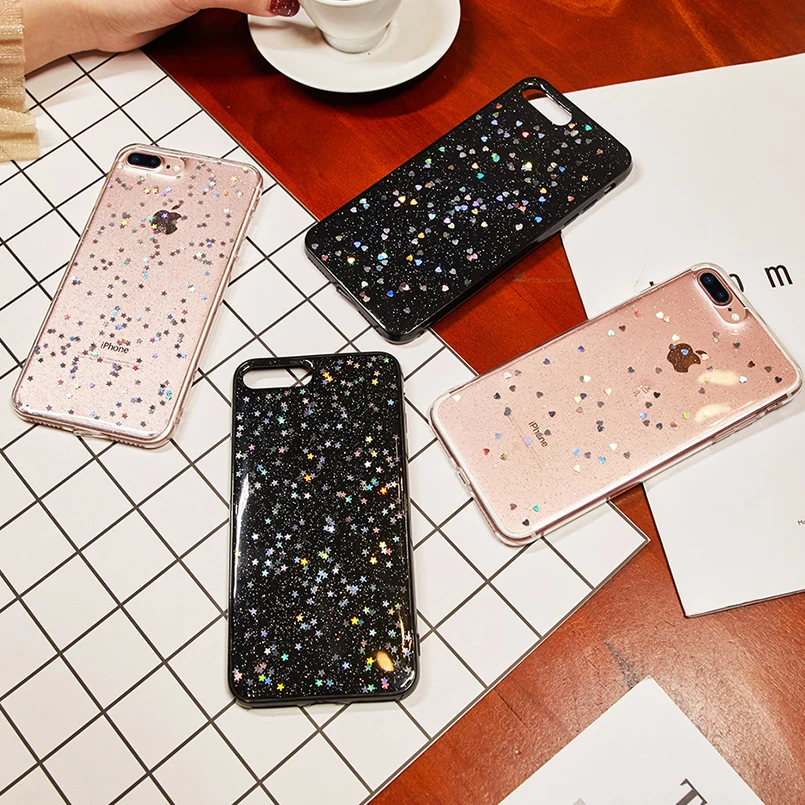 Роскошный блестящий яркий чехол для iPhone 6 6s 7 8 Plus в виде звезды и сердца Прозрачный