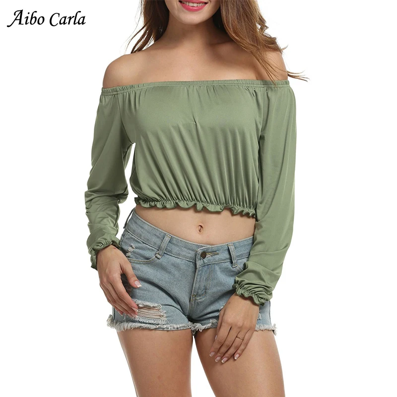Sexy Off Shoulder Womens Tops And Blouses Ruffles Backless Long Sleeve Women 2018 Summer Blouse Crop Top |