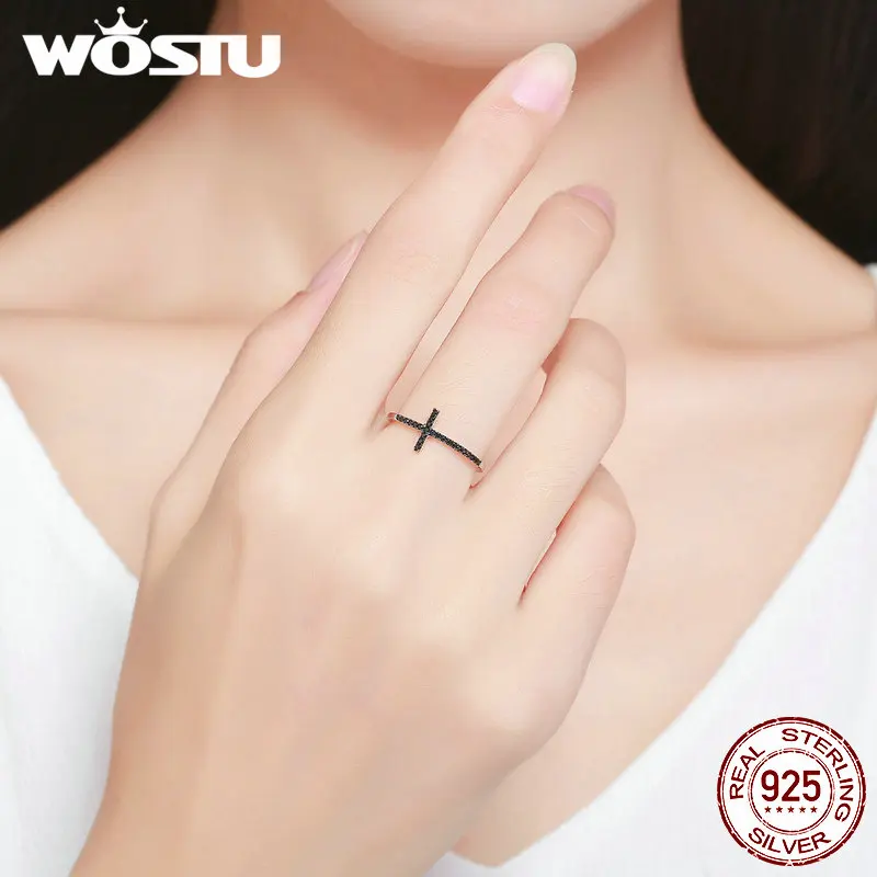 WOSTU чистое 925 пробы Серебряное кольцо на палец с черным цирконием для женщин вечерние ювелирные изделия в подарок DXR067