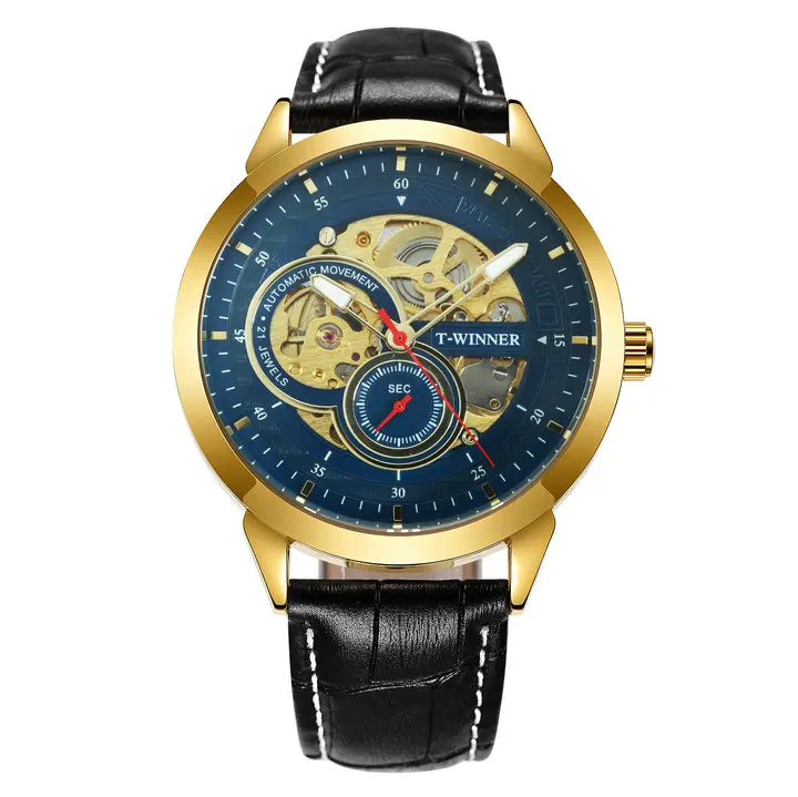 GOLDEN BLUE WINNER официальные автоматические механические часы для мужчин скелет мужские s часы лучший бренд класса люкс кожаный ремешок аналоговые наручные часы для мужчин - Цвет: GOLDEN BLUE