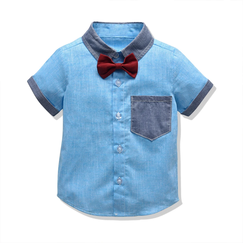 Top and Summer Infant Boy Clothes Set Short Sleeve Shirt with Bow Tie+Overalls 2Pcs Casual Suit Baby Party Outfit |