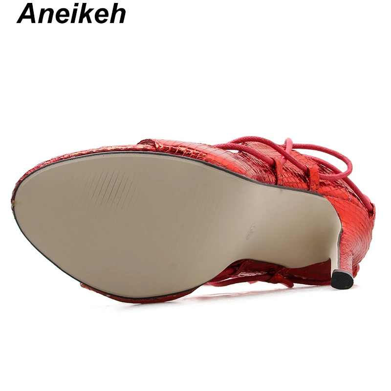 Aneikeh/ г. Однотонные босоножки из PU искусственной кожи для зрелых женщин женские свадебные вечерние туфли на высоком тонком каблуке со шнуровкой, с круглым носком, черного и красного цвета, размеры 35-40