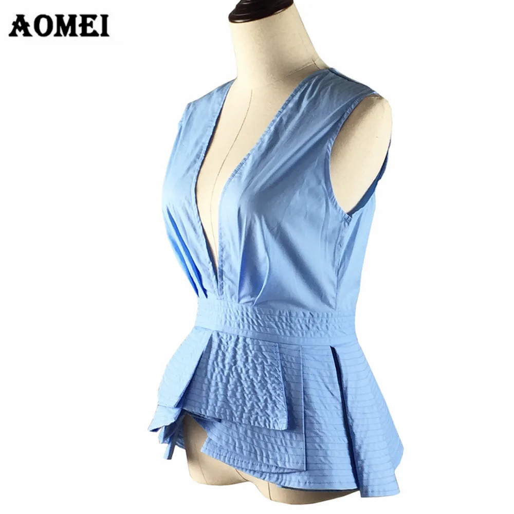 

Sexy V Neck Summer Tops Sleeveless Blue White Stripe Blouses Shirts Ruffles Trim Woman Fashion Lady Blusas Plus Size 5XL XXL