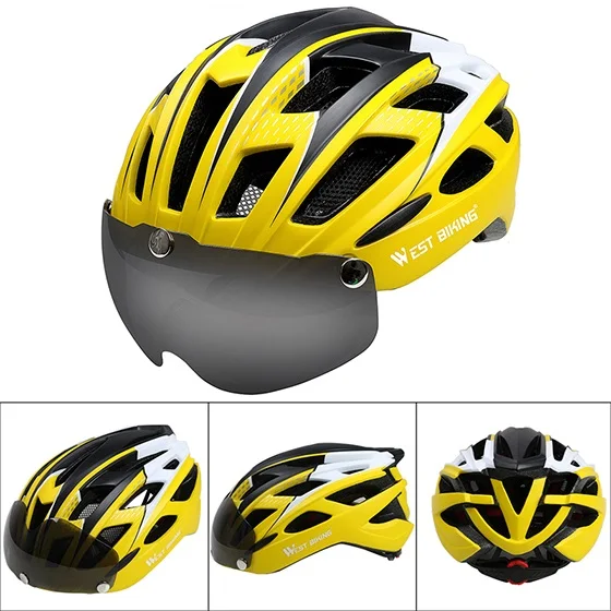 Yellow White West Biking Велоспорт Шлем ультралегкий комплексноформованный велосипед шлемы с солнцезащитными очками велосипедный шлем велосипед очки Объектив Велоспорт Шлем - Цвет: Yellow White