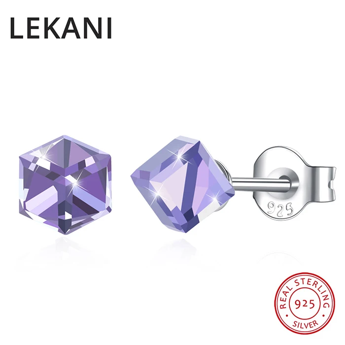 Кристаллы LEKANI от Swarovski, S925 Серебряные квадратные серьги-гвоздики, хорошее ювелирное изделие для женщин, девушек, мини, для ежедневного пирсинга, разноцветные бусы - Цвет камня: Violet