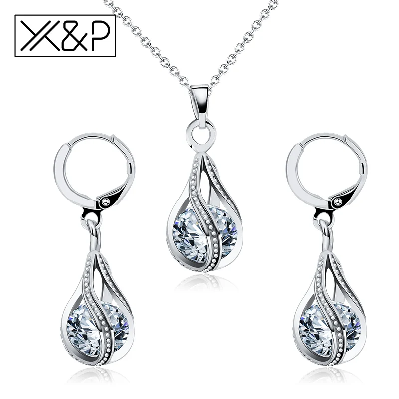 Silver X& P Модный золотой серебряный висячий Кристалл ювелирный набор Классический Блестящий корейский кубический цирконий ожерелье серьги набор ювелирных изделий - Окраска металла: Silver