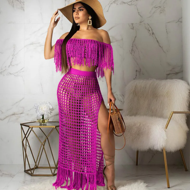 

Women Summer Hollow Beach Sets Fashion Long Sleeve One Slash Tassel Side Slit Dress Drop Ship
