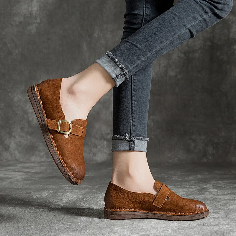

Johnature 2021 New Spring/autumn Handmade Retro Casual Genuine Leather Round Toe Solid Shallow Slip On Women Flat Shoes