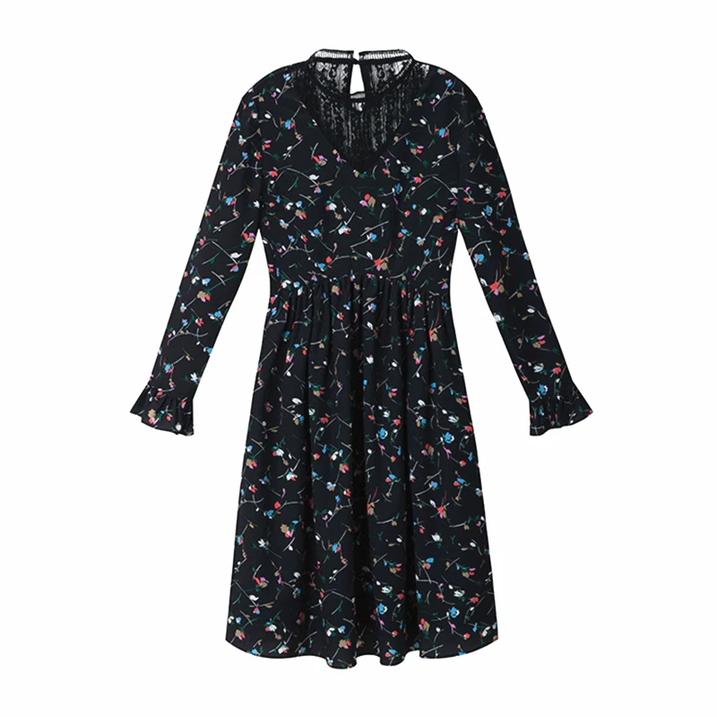 Черный Цветочный принт Винтаж платье Женский 2018 Новый Long Sleeve Swing Hem Midi осеннее Для