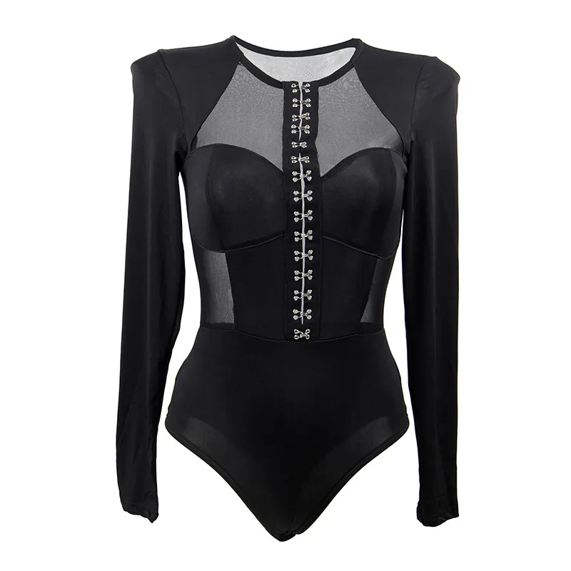 Ohyeahlover Combinaison Femme сетчатый лоскутный сексуальный комбинезон черный облегающий комбинезон моно Женский на пуговицах с крючками RM80753