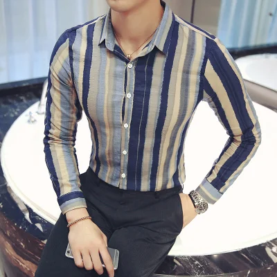 Синий Новинка, Camisa Masculina, мода, приталенные повседневные мужские рубашки с длинным рукавом, полосатые мужские рубашки, распродажа, Camisas para hombre - Цвет: Синий