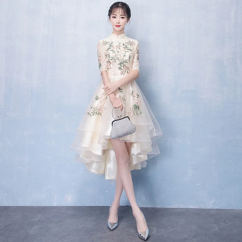 

Formal Dress Women Elegant Chinese Style Dresses Embroidery Mandarin Collar Vestido High Low A Line Dress Midi Long AA4462