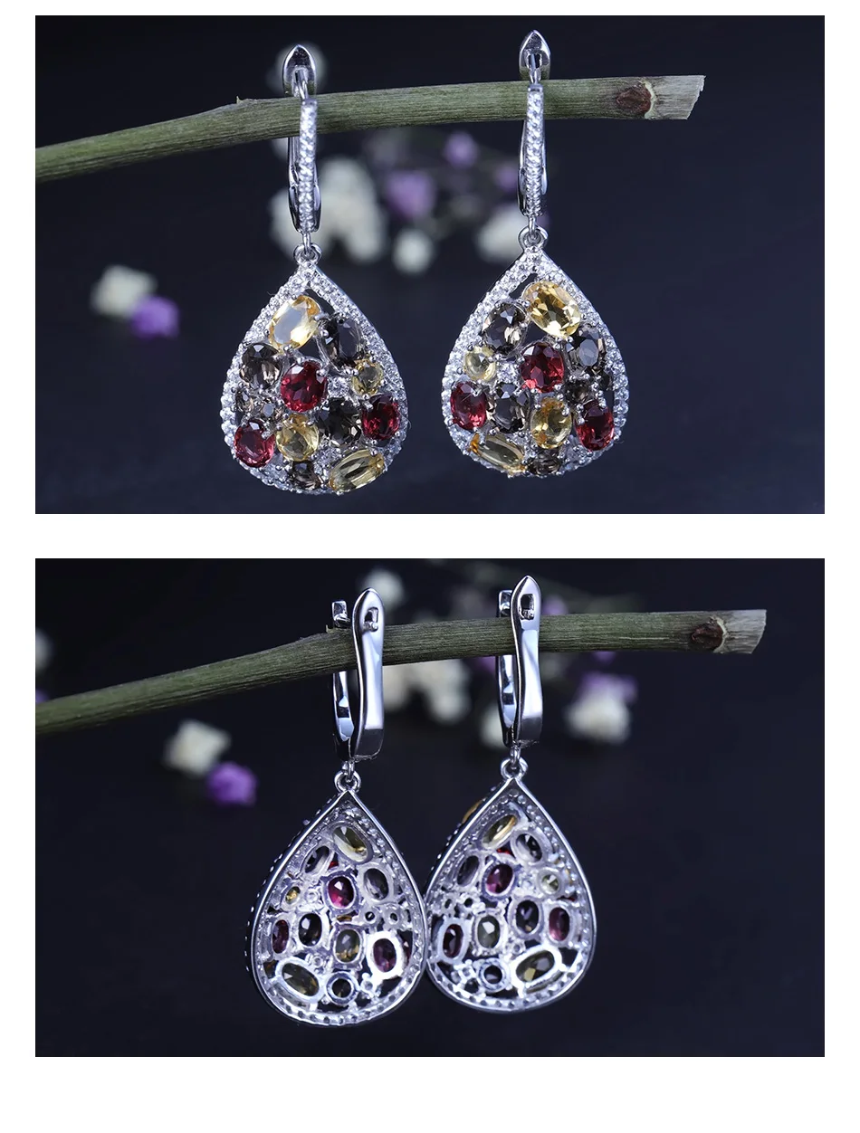 GEM'S балетные Роскошные серьги-капли с натуральным дымчатым кварцем и Цитрином, набор колец из 925 пробы серебра, набор украшений для женщин, хорошее ювелирное изделие