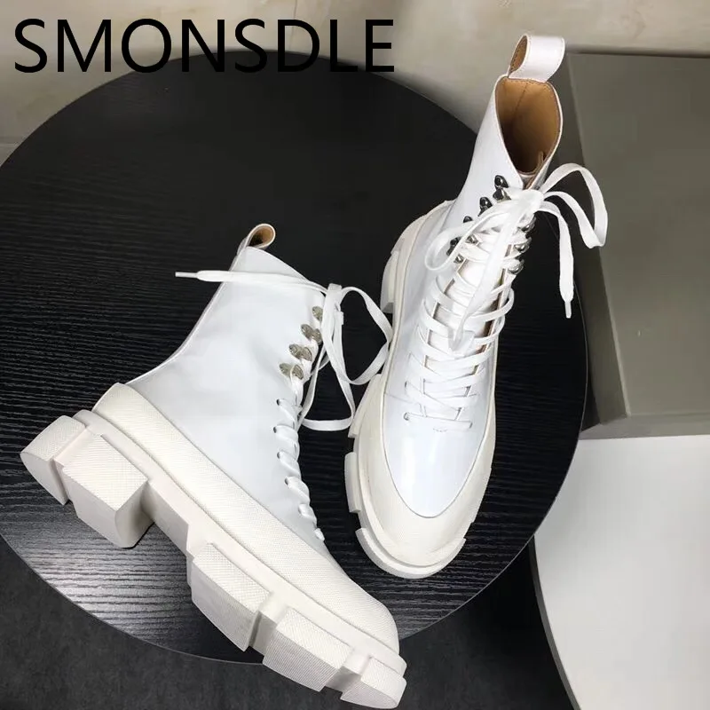 SMONSDLE/Новые черные женские ботильоны из натуральной кожи с круглым носком на