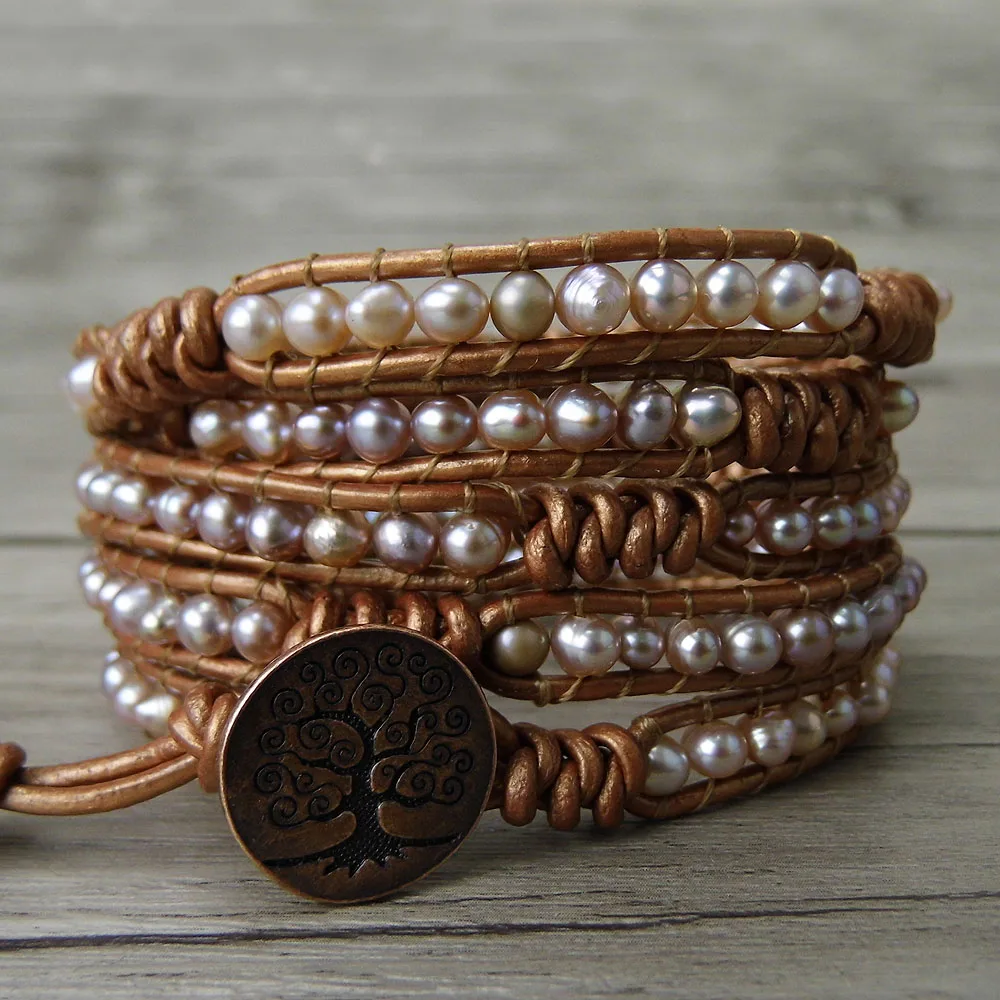 Жемчужный оберточный браслет с бусинами кожаный пресной водой жемчужный для