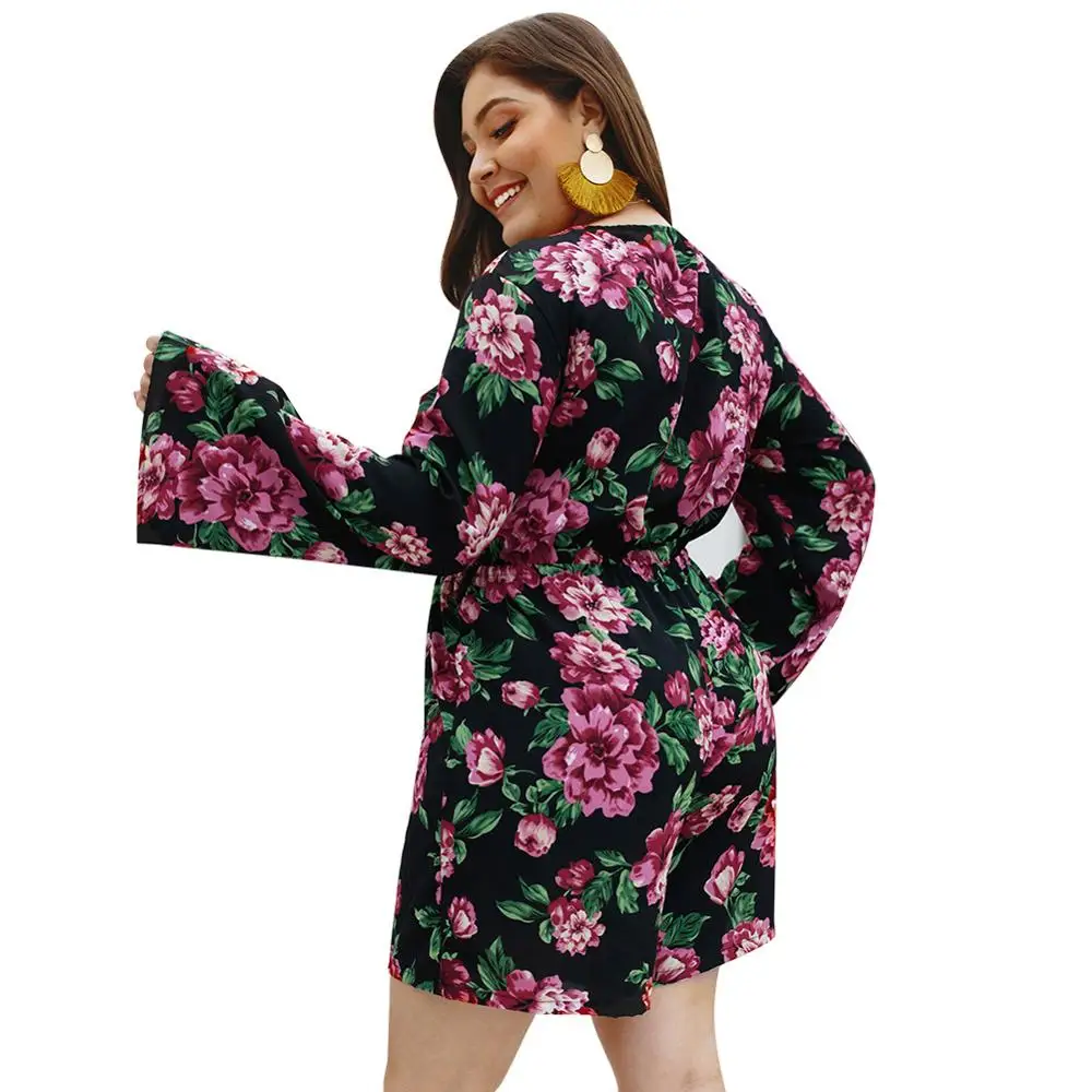 Flower Bodycon Bodysuit Female Rompers Lacing Plus Size 3XL 4XL Women Playsuits Full Sleeve Floral Printed Bodysuits |