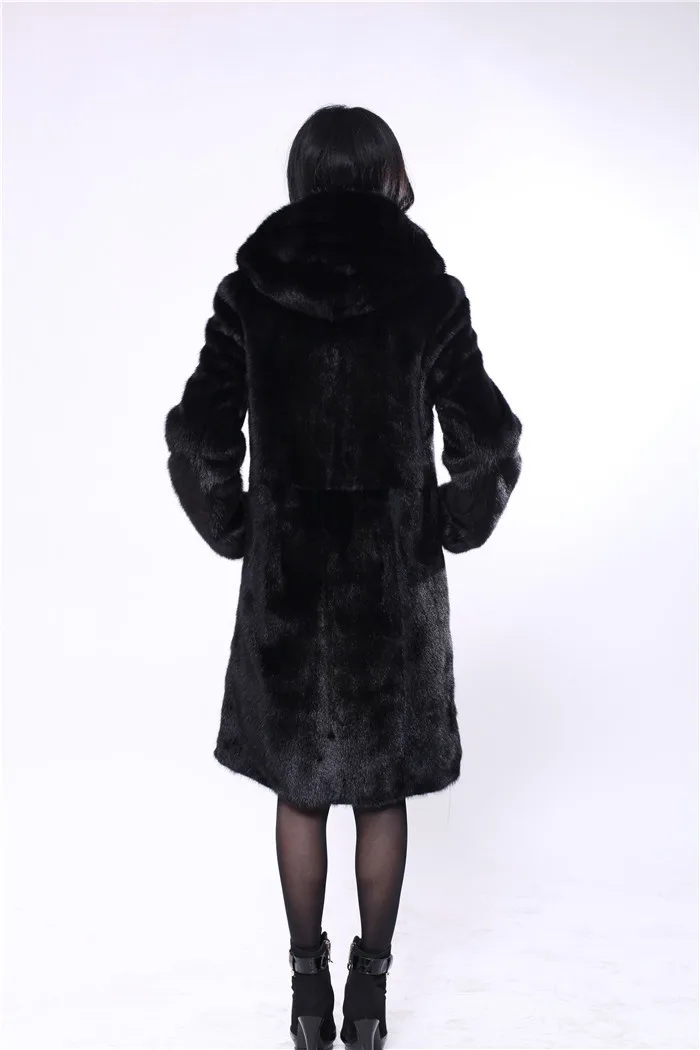 Натуральный реального норки пальто с мехом черный Длина 100 см длинные