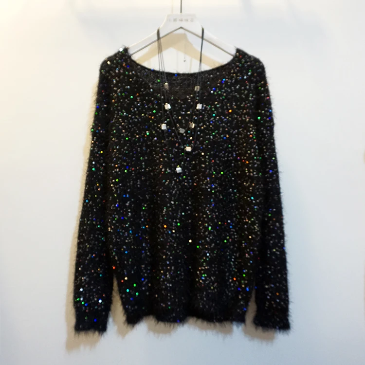 Cakucool Women Sequined Knit Tops Long Sleeve Jumpers Beading O-neck Casual Loose Embellish Sweaters Pullover Lady Black | Женская