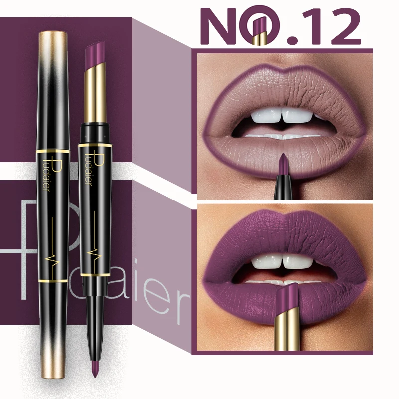 Color 12 Pudaier, 1 шт., 16 цветов, двойная головка, модный карандаш для губной помады, водостойкий макияж, полуматовый карандаш для губ, бархатные Жидкие помады - Цвет: Color 12