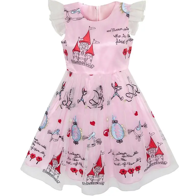 

Girls Dress Pink Cartoon Castle Princess Party Tulle Dress 2020 Summer Wedding Dresses Children Clothes Size 4-12 Carnival
