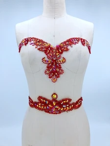 Красный Серебряный/Королевский синий/красный/Золотой ручная отделка кристаллами, патчи пришить стразы, блестки аппликация на сетке 32*20 см и 30*8 см - Цвет: Красный