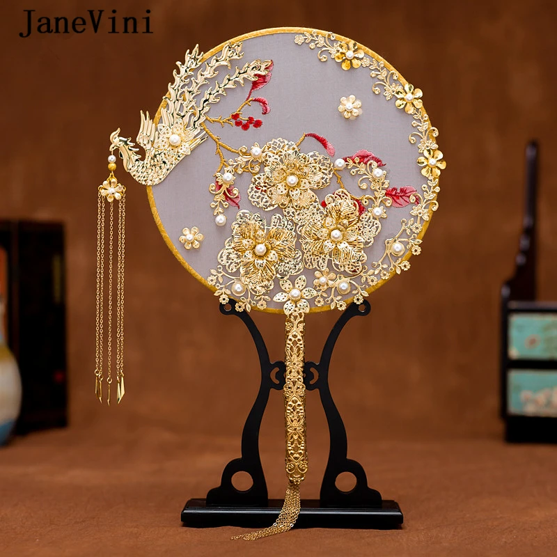 JaneVini Luxury Chinese Bridal Fan Bouquets Pearls Gold Phoenix Handmade Wedding Flowers Metal Round Hand Fan Brides Accessories