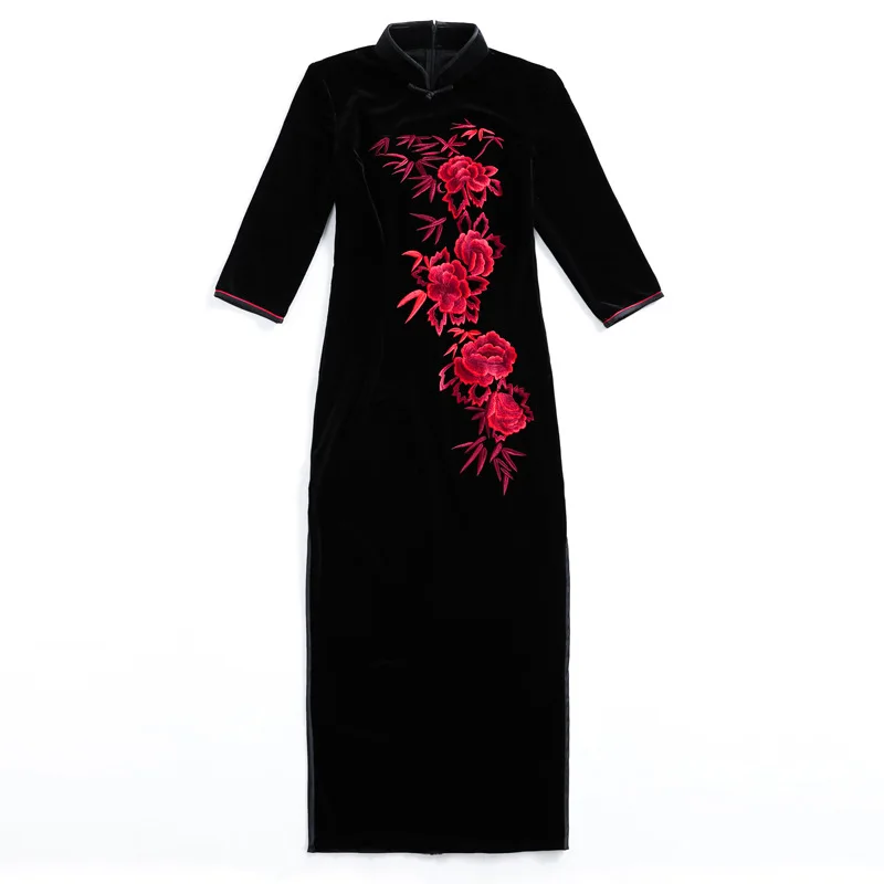Китайское традиционное платье черного цвета Cheongsam Qipao велюровое вечернее с