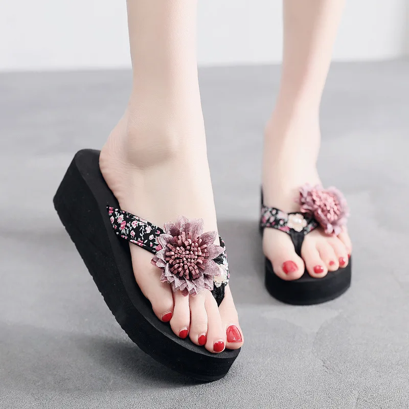 Женские пляжные шлепанцы на танкетке богемный стиль цветочный принт высокий