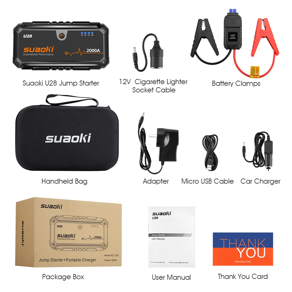 Suaoki U28 16000mAh перезаряжаемая батарея Max 2000A стартер для автомобиля телефон зарядка через usb аккумулятор аварийный фонарик