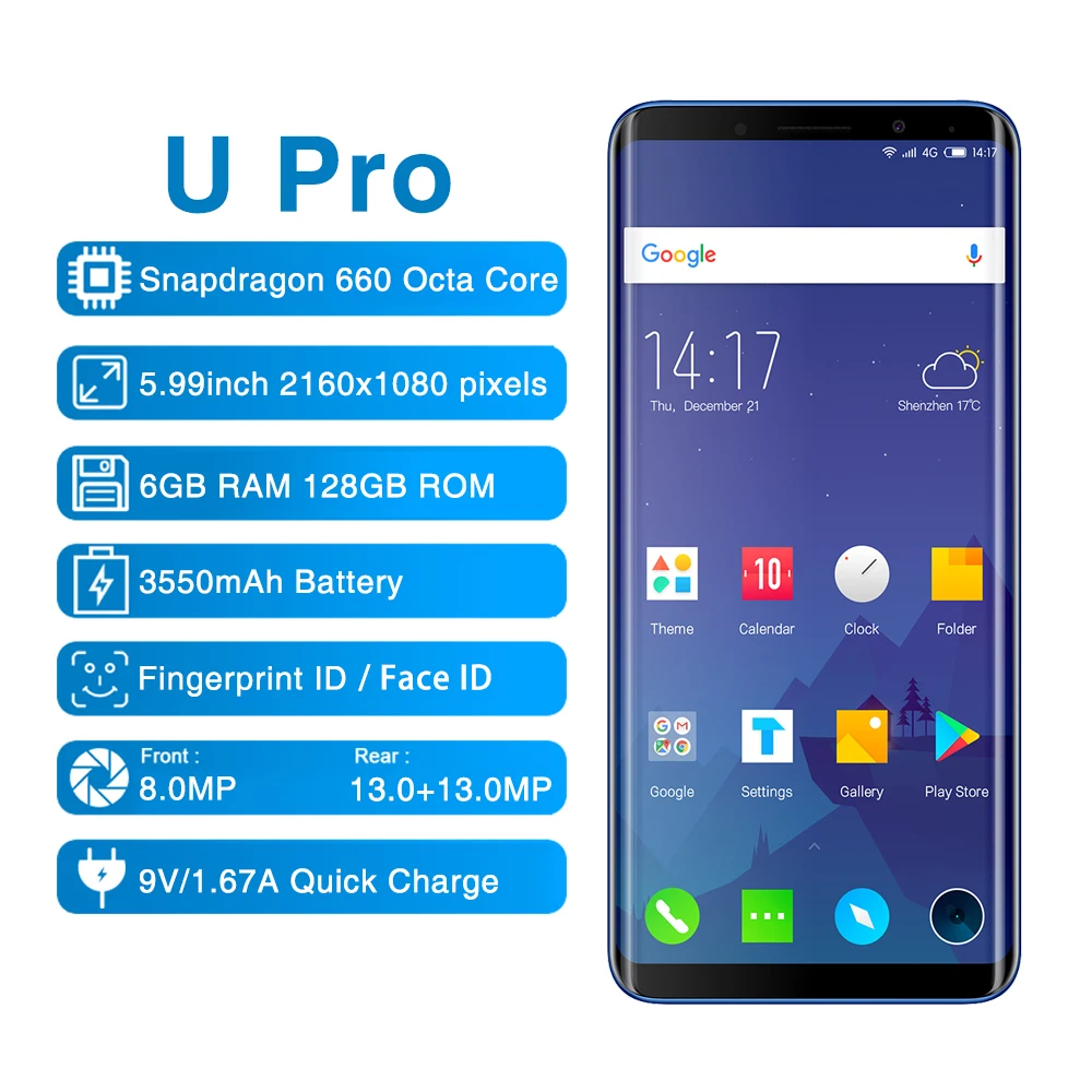 Elephone U Pro мобильного телефона Android 8 0 5 99 'ƌ ГБ + 128 Snapdragon 660 13MP двойной камеры
