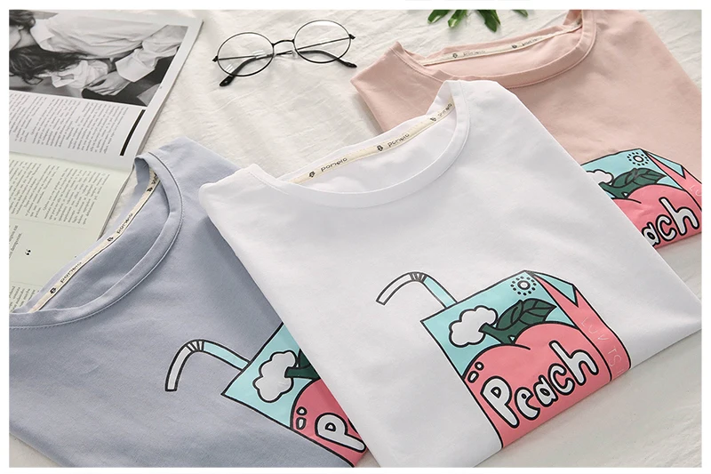 Kawaii Милая женская летняя одежда персиковая Футболка с принтом молока футболка