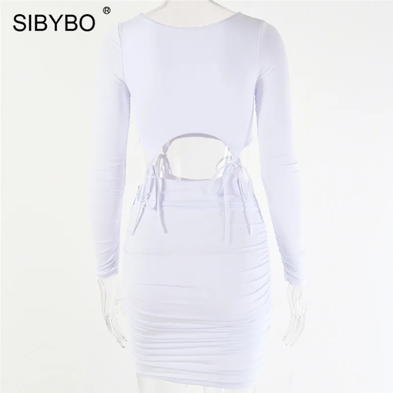 Sibybo, выдалбливают, шнурок, мини, сексуальное, женское платье, длинный рукав, плиссированные, Осенние, вечерние, одноцветные, пляжные, женские, повседневные платья