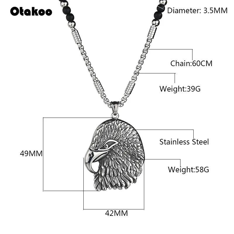 Otakoo African Glass Beads Long Chain Necklaces For Men Punk Stainless Steel Eagle Head Pendant Statement Jewelry | Украшения и