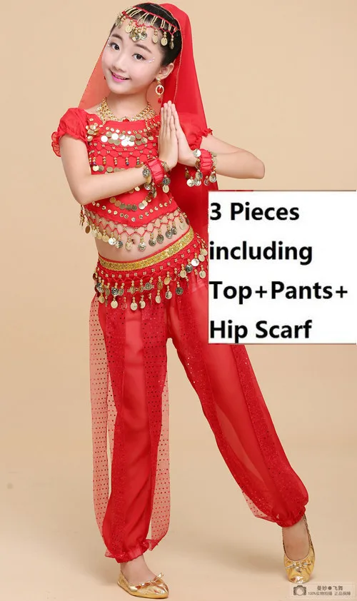 Red 3 pieces Детский костюм для танца живота, костюмы для восточных танцев, одежда для танца живота, Индийские танцы Болливуд, детские костюмы для девочек - Цвет: Red 3 pieces