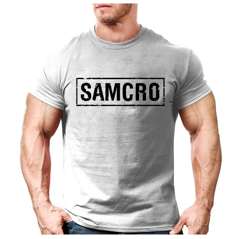 Хлопковые футболки с принтом Samcro, мужские футболки большого размера, короткий рукав, облегающие модные топы и футболки, мужская одежда XXL лето - Цвет: gray