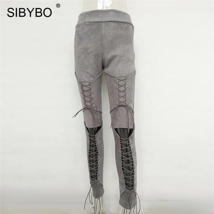 Sibybo, женские замшевые брюки на шнуровке, Осенние, новые, открытые, обтягивающие, сексуальные брюки, женские, бандажные, длинные, повседневные, женские брюки