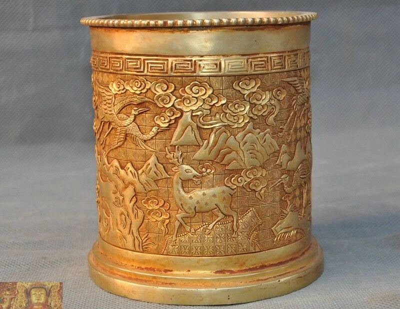 Китайская бронзовая фигурка периода династии 24 К позолоченный кран Птица олень