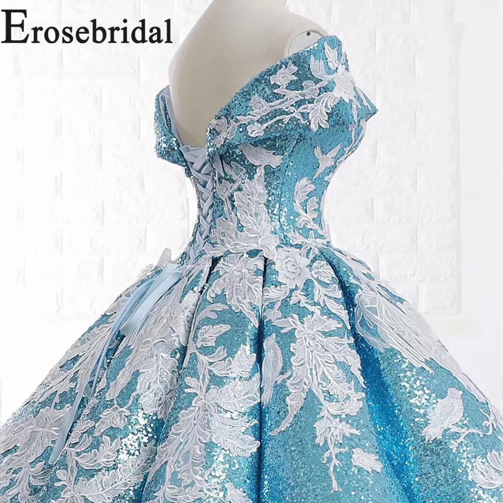 Женское платье с открытыми плечами Erosebridal лазурное V-образным вырезом длинное