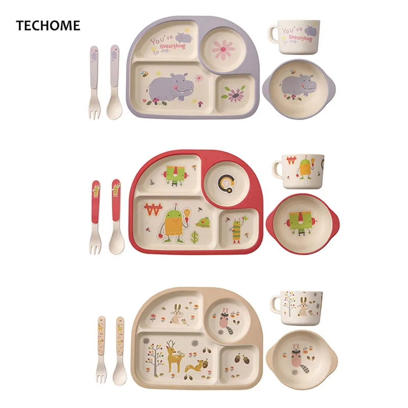 Детская посуда 5 шт./компл. тарелка из бамбукового волокна чашка ложка вилка набор