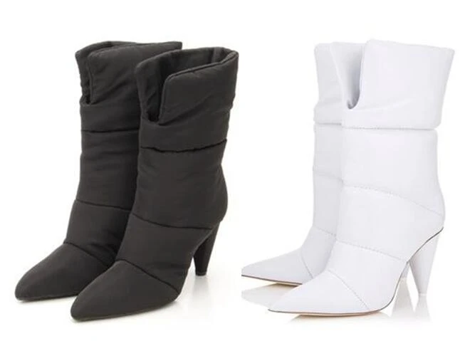 New spike high heels snow boots women pointed toe mid calf slip on winter shoes white black runway lady party dress boots
