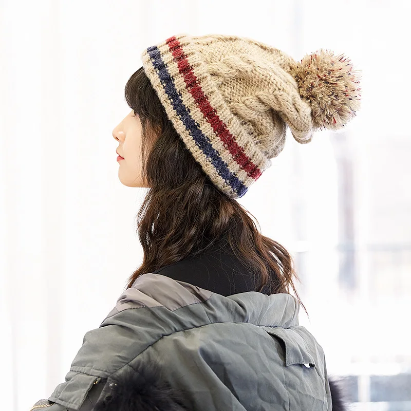 

Beanies Female Casual Trendy Simple Knitted Striped Hat Elegant Korean Thicker Warm Caps Student Lovely Females Aesthetic Hats