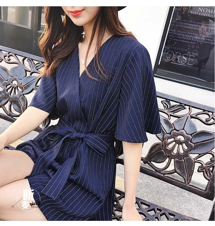 Tingfly Модный женский полосатый пляжный костюм короткий рукав с поясом летний